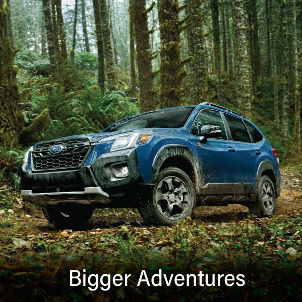 A blue Subaru outback wilderness with the words &ldquo;Bigger Adventures&ldquo;. | Empire Subaru of Huntington in Huntington NY