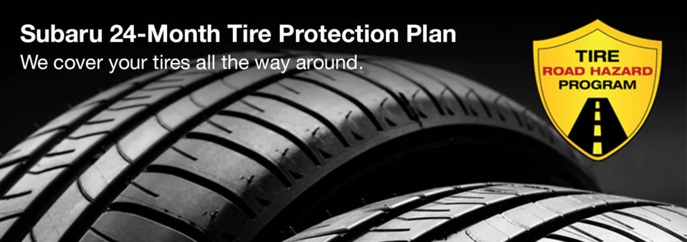 Subaru tire with 24-Month Tire Protection and road hazard program logo. | Empire Subaru of Huntington in Huntington NY